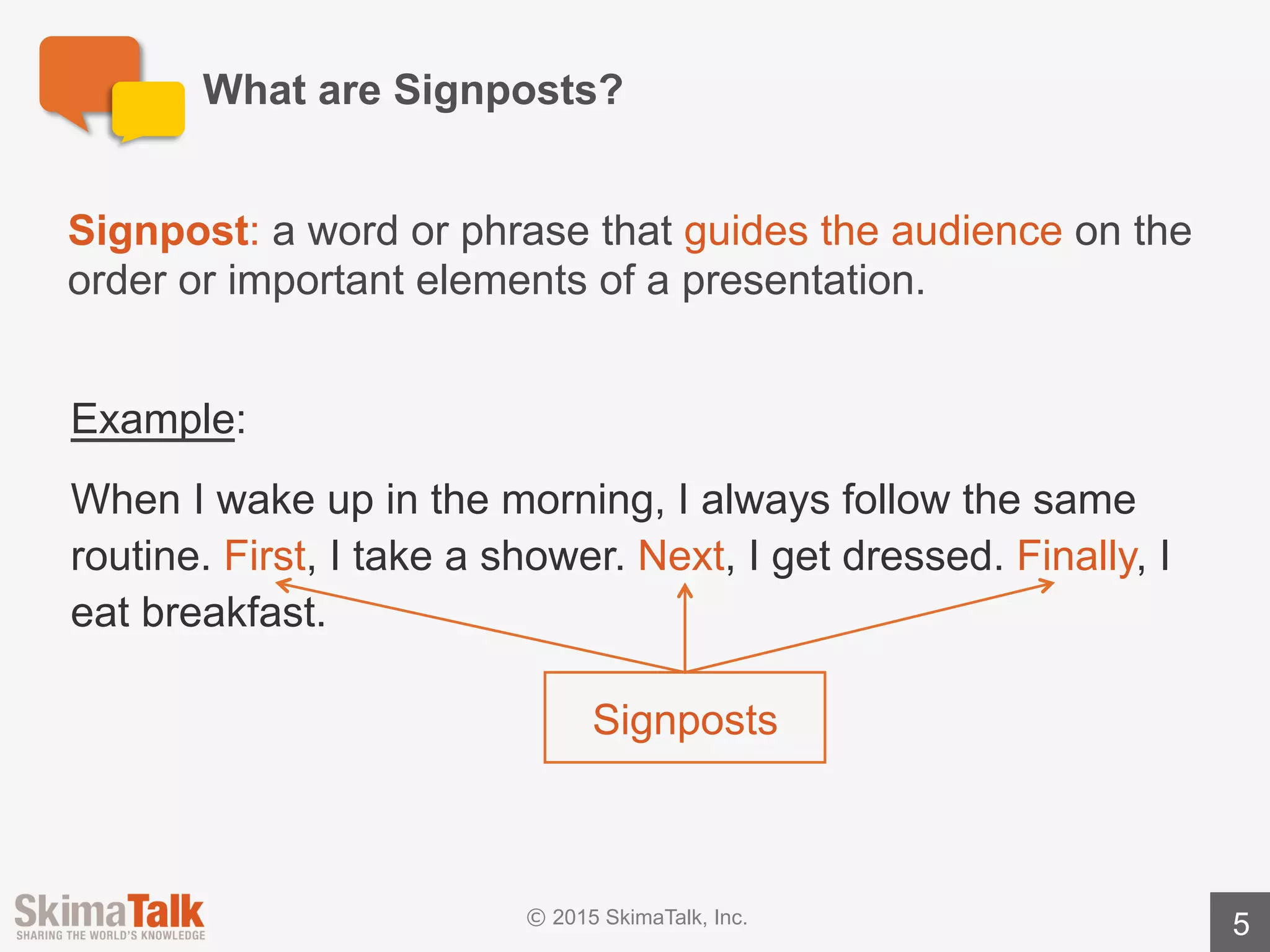 Signposts	Will	Help	You	Tell	a	Logical,	Concise	Story	
5
Signposts	will	help	you…
lExplain	the	order	of	events:use	words	such	as	first,	second,	and	last to	
outline	the	order	of	events.
lHighlight	important	information:use	words	such	as	the	most	important
and	the	least	important to	highlight	the	importance	of	information.
lBuild	a	logical	argument: use	words	such	as	the	primary	reason and	the	
secondary	reason to	build	your	argument.
 