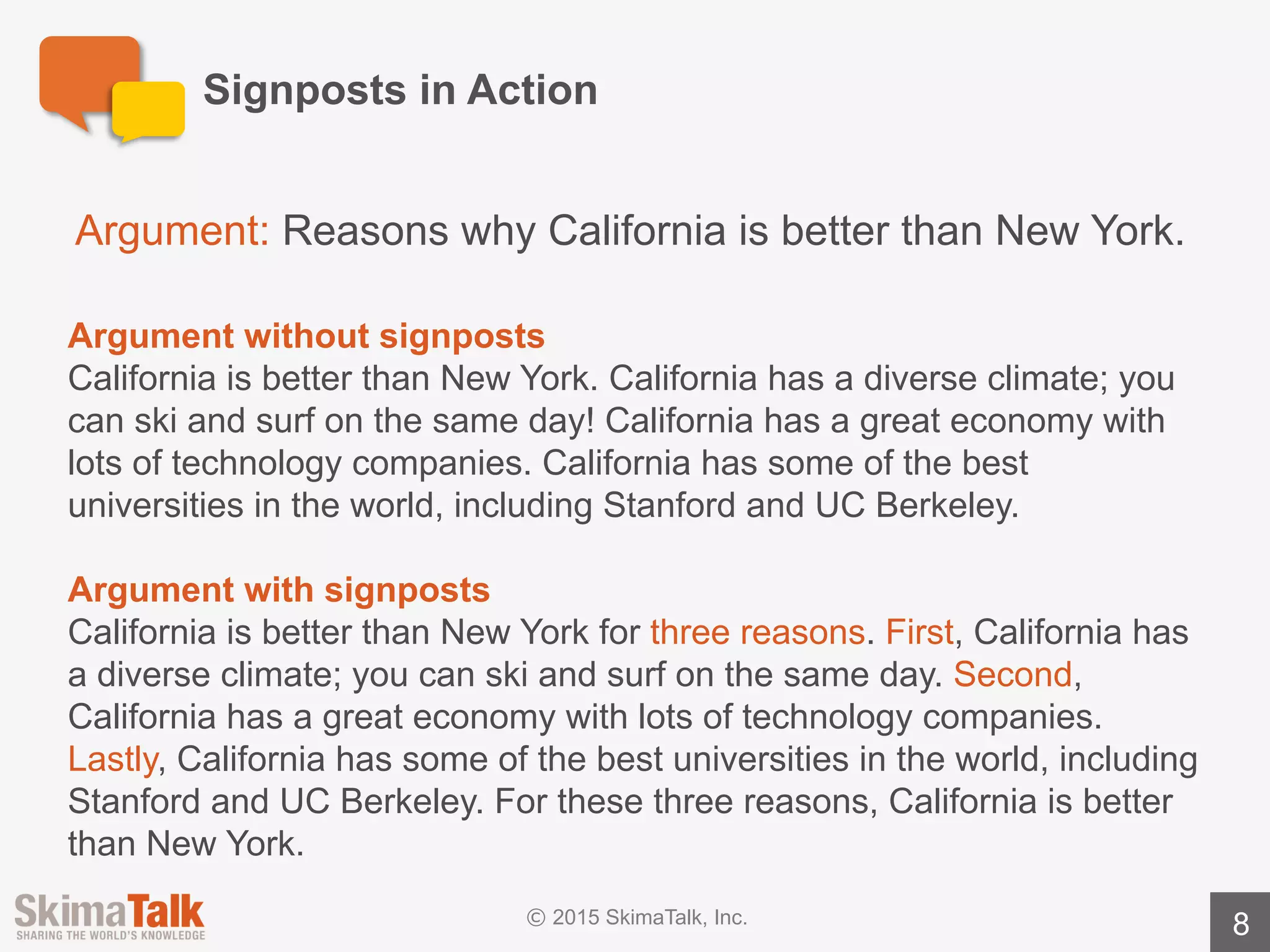 Preparing	For	Your	Presentation
8
Spend	30	minutes	preparing	for	your	SkimaTalk session.
1. Review the	presentation	&	sample	presentation	
notes	for	this	course (pages	10	– 16).
2. Revise	the	presentation	notes	(pages	13	– 16)	by	
adding	signposts	where	appropriate.
3. Practice delivering	the	revised	presentation	notes	in	
front	of	a	mirror.
 