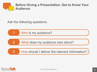 Knowing	Your	Audience	Will	Help	You	Deliver	a	More	
Effective	Presentation
Benefits	of	knowing	your	audience:
1 Focus
2 Pre-empt	questions
3 Get	to	“Yes”
Deliver	only	the	information	that	matters	to	your	audience.
Address	your	audience’s	questions	BEFORE	they	ask	them.
By	addressing	the	needs	/	concerns	of	your	audience,	you	
are	more	likely	to	get	your	audience	to	agree	with	your	
argument	or	request.
5
 