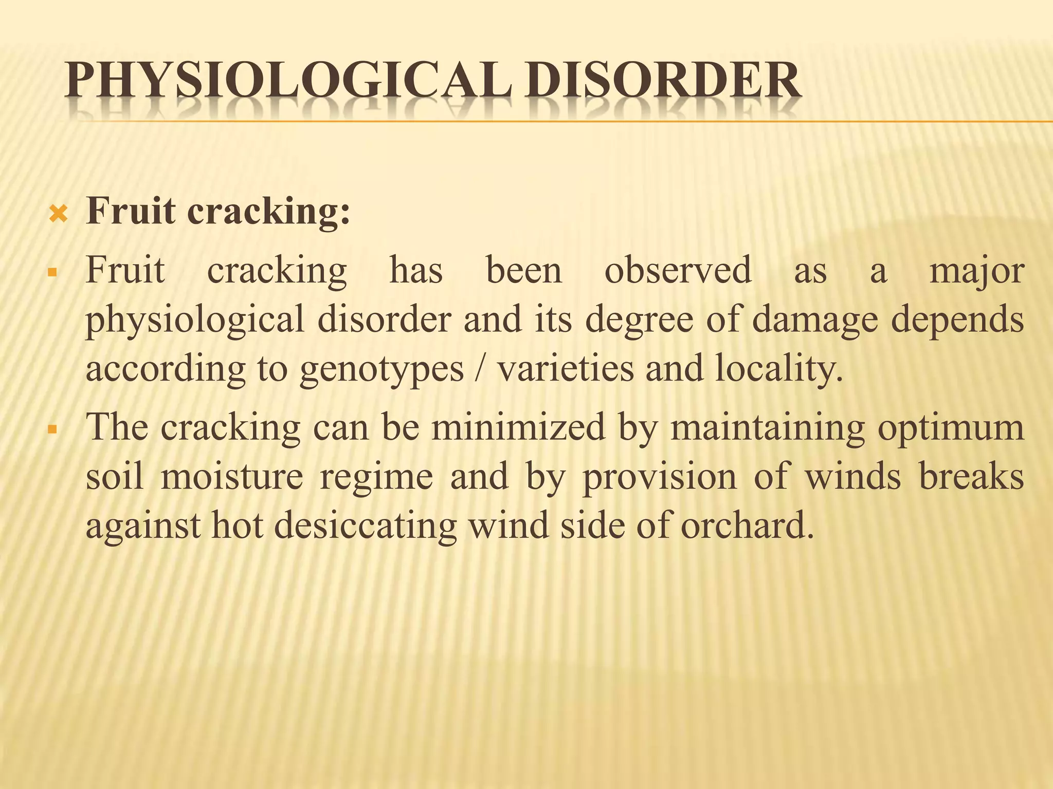 PHYSIOLOGICAL DISORDER
 Fruit cracking:
 Fruit cracking has been observed as a major
physiological disorder and its degree of damage depends
according to genotypes / varieties and locality.
 The cracking can be minimized by maintaining optimum
soil moisture regime and by provision of winds breaks
against hot desiccating wind side of orchard.
 