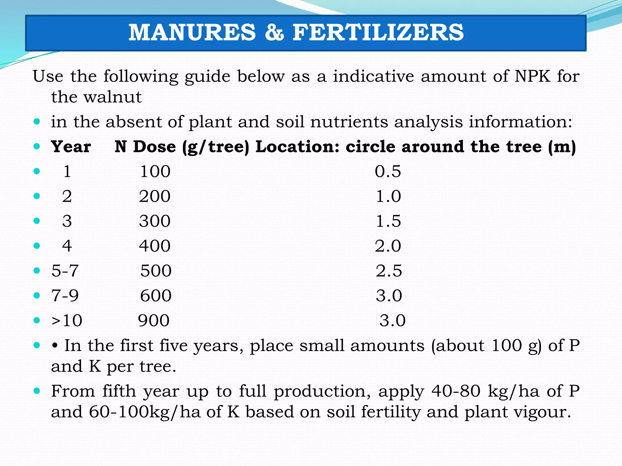 MANURES & FERTILIZERS
Use the following guide below as a indicative amount of NPK for
the walnut
 in the absent of plant and soil nutrients analysis information:
 Year N Dose (g/tree) Location: circle around the tree (m)
 1 100 0.5
 2 200 1.0
 3 300 1.5
 4 400 2.0
 5-7 500 2.5
 7-9 600 3.0
 >10 900 3.0
 • In the first five years, place small amounts (about 100 g) of P
and K per tree.
 From fifth year up to full production, apply 40-80 kg/ha of P
and 60-100kg/ha of K based on soil fertility and plant vigour.
 