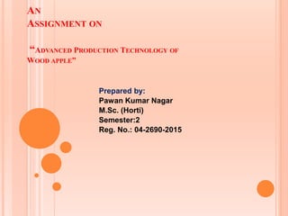 AN
ASSIGNMENT ON
“ADVANCED PRODUCTION TECHNOLOGY OF
WOOD APPLE”
Prepared by:
Pawan Kumar Nagar
M.Sc. (Horti)
Semester:2
Reg. No.: 04-2690-2015
 