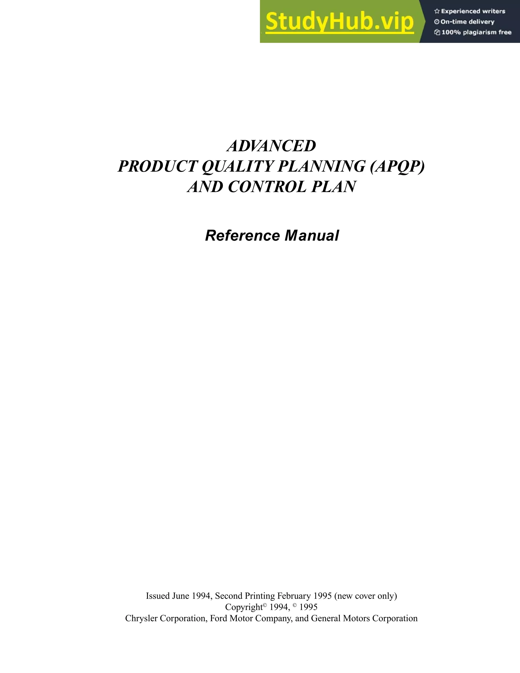 ADVANCED PRODUCT QUALITY PLANNING AND CONTROL PLAN Reference Manual PDF