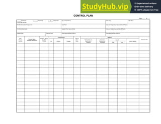 Control Plan Number
Prototype Production
Pre-launch X
Part Number/Latest Change Level
Part Name/Description
Supplier/Plant Supplier Code
Core Team
Supplier/Plant Approval/Date
Other Approval/Date (If Req’d)
Key Contact/Phone
Customer Engineering Approval/Date (If Req’d)
Customer Quality Approval/Date (If Req’d)
Other Approval/Date (If Req’d)
Date (Orig.) Date (Rev.)
Part/
Process
Number
Machine, Device,
Jig, Tools
For Mfg.
Process Name/
Operation Description
Characteristics Methods
No. Product Process
Special
Char.
Class.
Product/Process
Specification/
Tolerance
Evaluation/
Measurement
Technique
Sample
Size Freq.
Control Method
Reaction Plan
Page of
CONTROL PLAN
 