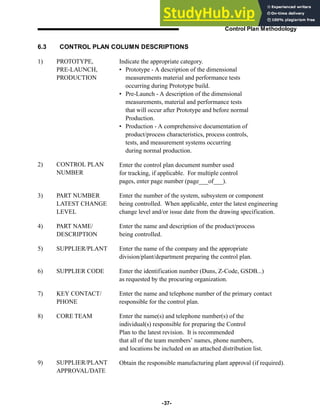 -37-
Control Plan Methodology
Indicate the appropriate category.
• Prototype - A description of the dimensional
measurements material and performance tests
occurring during Prototype build.
• Pre-Launch - A description of the dimensional
measurements, material and performance tests
that will occur after Prototype and before normal
Production.
• Production - A comprehensive documentation of
product/process characteristics, process controls,
tests, and measurement systems occurring
during normal production.
Enter the control plan document number used
for tracking, if applicable. For multiple control
pages, enter page number (page___of___).
Enter the number of the system, subsystem or component
being controlled. When applicable, enter the latest engineering
change level and/or issue date from the drawing specification.
Enter the name and description of the product/process
being controlled.
Enter the name of the company and the appropriate
division/plant/department preparing the control plan.
Enter the identification number (Duns, Z-Code, GSDB...)
as requested by the procuring organization.
Enter the name and telephone number of the primary contact
responsible for the control plan.
Enter the name(s) and telephone number(s) of the
individual(s) responsible for preparing the Control
Plan to the latest revision. It is recommended
that all of the team members’ names, phone numbers,
and locations be included on an attached distribution list.
Obtain the responsible manufacturing plant approval (if required).
6.3 CONTROL PLAN COLUMN DESCRIPTIONS
1) PROTOTYPE,
PRE-LAUNCH,
PRODUCTION
2) CONTROL PLAN
NUMBER
3) PART NUMBER
LATEST CHANGE
LEVEL
4) PART NAME/
DESCRIPTION
5) SUPPLIER/PLANT
6) SUPPLIER CODE
7) KEY CONTACT/
PHONE
8) CORE TEAM
9) SUPPLIER/PLANT
APPROVAL/DATE
 