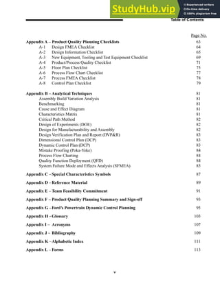 v
Table of Contents
Page No.
Appendix A – Product Quality Planning Checklists 63
A-1 Design FMEA Checklist 64
A-2 Design Information Checklist 65
A-3 New Equipment, Tooling and Test Equipment Checklist 69
A-4 Product/Process Quality Checklist 71
A-5 Floor Plan Checklist 75
A-6 Process Flow Chart Checklist 77
A-7 Process FMEA Checklist 78
A-8 Control Plan Checklist 79
Appendix B – Analytical Techniques 81
Assembly Build Variation Analysis 81
Benchmarking 81
Cause and Effect Diagram 81
Characteristics Matrix 81
Critical Path Method 82
Design of Experiments (DOE) 82
Design for Manufacturability and Assembly 82
Design Verification Plan and Report (DVP&R) 83
Dimensional Control Plan (DCP) 83
Dynamic Control Plan (DCP) 83
Mistake Proofing (Poka-Yoke) 84
Process Flow Charting 84
Quality Function Deployment (QFD) 84
System Failure Mode and Effects Analysis (SFMEA) 85
Appendix C –Special Characteristics Symbols 87
Appendix D –Reference Material 89
Appendix E – Team Feasibility Commitment 91
Appendix F – Product Quality Planning Summary and Sign-off 93
Appendix G –Ford’s Powertrain Dynamic Control Planning 95
Appendix H –Glossary 103
Appendix I – Acronyms 107
Appendix J – Bibliography 109
Appendix K –Alphabetic Index 111
Appendix L – Forms 113
 