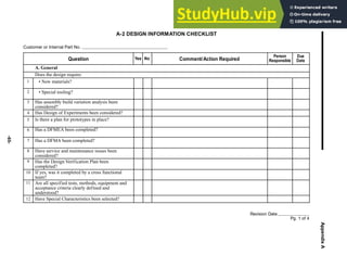 -65-
Appendix
A
A-2 DESIGN INFORMATION CHECKLIST
Customer or Internal Part No.
1 • New materials?
3
4
5
6
7
8
9
Revision Date
Pg. 1 of 4
Question Yes No Comment/Action Required
Person
Responsible
Due
Date
Has assembly build variation analysis been
considered?
Has Design of Experiments been considered?
Is there a plan for prototypes in place?
Has a DFMEA been completed?
Has a DFMA been completed?
Have service and maintenance issues been
considered?
Has the Design Verification Plan been
completed?
2 • Special tooling?
10
11
If yes, was it completed by a cross functional
team?
Are all specified tests, methods, equipment and
acceptance criteria clearly defined and
understood?
12 Have Special Characteristics been selected?
A. General
Does the design require:
 