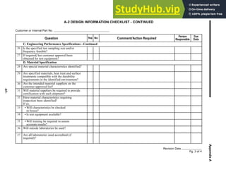 -67-
Appendix
A
A-2 DESIGN INFORMATION CHECKLIST - CONTINUED
Customer or Internal Part No.
26 Is the specified test sampling size and/or
frequency feasible?
28
29
30
31
32
Revision Date
Pg. 3 of 4
Question Yes No Comment/Action Required
Person
Responsible
Are special material characteristics identified?
Are specified materials, heat treat and surface
treatments compatible with the durability
requirements in the identified environment?
Are the intended material suppliers on the
customer approved list?
Will material suppliers be required to provide
certification with each shipment?
Have material characteristics requiring
inspection been identified?
If so,
27 If required, has customer approval been
obtained for test equipment?
33
34
• Will characteristics be checked
in-house?
36 Will outside laboratories be used?
C. Engineering Performance Specifications - Continued
D. Material Specification
• Is test equipment available?
35 • Will training be required to assure
accurate results?
Due
Date
37 Are all laboratories used accredited (if
required)?
 