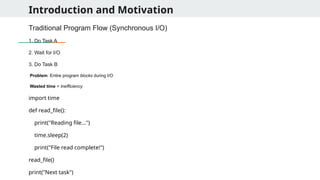 Introduction and Motivation
Traditional Program Flow (Synchronous I/O)
1. Do Task A
2. Wait for I/O
3. Do Task B
Problem: Entire program blocks during I/O
Wasted time = Inefficiency
import time
def read_file():
print("Reading file...")
time.sleep(2)
print("File read complete!")
read_file()
print("Next task")
 