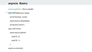 asyncio Basics
asyncio.gather() — Run in parallel
async def task(name, delay):
print("Starting”, name)
await asyncio.sleep(delay)
print(name,”done")
async def main():
await asyncio.gather(
task("A", 2),
task("B", 1)
)
asyncio.run(main())
 