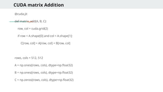 CUDA matrix Addition
@cuda.jit
def matrix_add(A, B, C):
row, col = cuda.grid(2)
if row < A.shape[0] and col < A.shape[1]:
C[row, col] = A[row, col] + B[row, col]
rows, cols = 512, 512
A = np.ones((rows, cols), dtype=np.float32)
B = np.ones((rows, cols), dtype=np.float32)
C = np.zeros((rows, cols), dtype=np.float32)
 