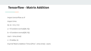 Tensorflow - Matrix Addition
import tensorflow as tf
import time
M, N = 512, 512
a = tf.random.normal([M, N])
b = tf.random.normal([M, N])
start = time.time()
c = tf.add(a, b)
tf.print("Matrix Addition Time (GPU):", time.time() - start)
 