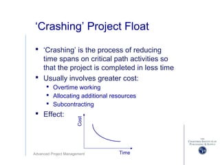 Advanced Project Management
‘Crashing’ Project Float
 ‘Crashing’ is the process of reducing
time spans on critical path activities so
that the project is completed in less time
 Usually involves greater cost:
 Overtime working
 Allocating additional resources
 Subcontracting
 Effect:
Time
Cost
 