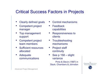 Advanced Project Management
Critical Success Factors in Projects
 Clearly defined goals
 Competent project
manager
 Top management
support
 Competent project
team members
 Sufficient resources
allocated
 Adequate
communications
 Control mechanisms
 Feedback
capabilities
 Responsiveness to
clients
 Troubleshooting
mechanisms
 Project staff
continuity
 See p 158 – slight
variance
Pinto & Slevin (1987) in
Slack, Chambers & Johnston
 