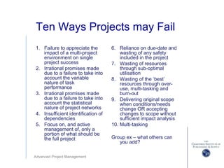 Advanced Project Management
Ten Ways Projects may Fail
1. Failure to appreciate the
impact of a multi-project
environment on single
project success
2. Irrational promises made
due to a failure to take into
account the variable
nature of task
performance
3. Irrational promises made
due to a failure to take into
account the statistical
nature of project networks
4. Insufficient identification of
dependencies
5. Focus on, and active
management of, only a
portion of what should be
the full project
6. Reliance on due-date and
wasting of any safety
included in the project
7. Wasting of resources
through sub-optimal
utilisation
8. Wasting of the ‘best’
resources through over-
use, multi-tasking and
burn-out
9. Delivering original scope
when conditions/needs
change OR accepting
changes to scope without
sufficient impact analysis
10. Multi-tasking
Group ex – what others can
you add?
 