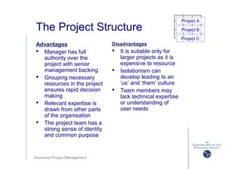 Advanced Project Management
The Project Structure
Advantages
 Manager has full
authority over the
project with senior
management backing
 Grouping necessary
resources in the project
ensures rapid decision
making
 Relevant expertise is
drawn from other parts
of the organisation
 The project team has a
strong sense of identity
and common purpose
Disadvantages
 It is suitable only for
larger projects as it is
expensive to resource
 Isolationism can
develop leading to an
‘us’ and ‘them’ culture
 Team members may
lack technical expertise
or understanding of
user needs
Project A
Project B
Project C
 