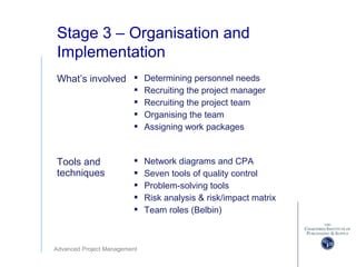 Advanced Project Management
Stage 3 – Organisation and
Implementation
What’s involved  Determining personnel needs
 Recruiting the project manager
 Recruiting the project team
 Organising the team
 Assigning work packages
Tools and
techniques
 Network diagrams and CPA
 Seven tools of quality control
 Problem-solving tools
 Risk analysis & risk/impact matrix
 Team roles (Belbin)
 