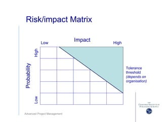 Advanced Project Management
Risk/impact Matrix
ImpactLow High
Probability
LowHigh
Tolerance
threshold
(depends on
organisation)
 