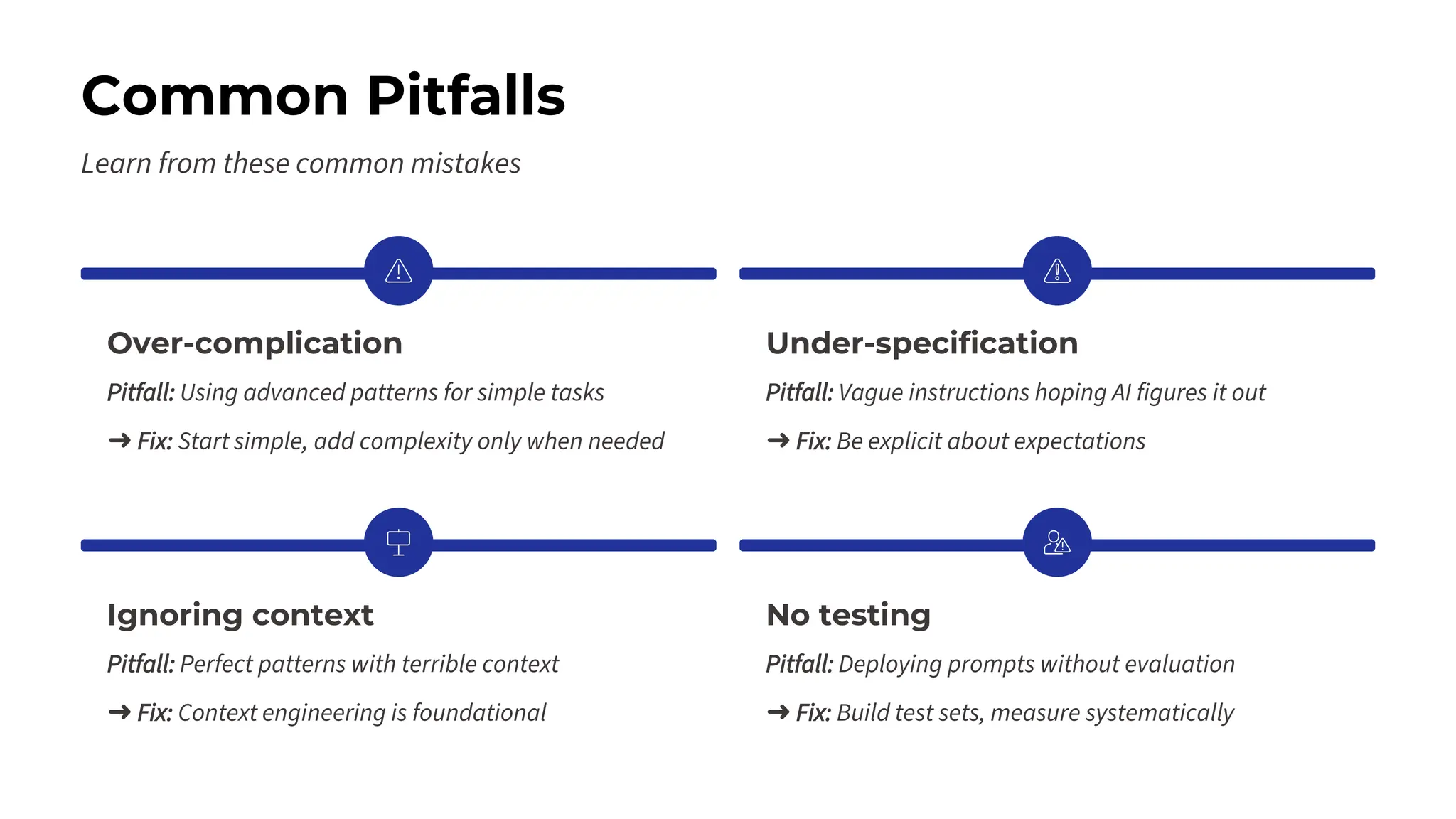 Common Pitfalls
Learn from these common mistakes
Over-complication
Pitfall: Using advanced patterns for simple tasks
➜ Fix: Start simple, add complexity only when needed
Under-specification
Pitfall: Vague instructions hoping AI figures it out
➜ Fix: Be explicit about expectations
Ignoring context
Pitfall: Perfect patterns with terrible context
➜ Fix: Context engineering is foundational
No testing
Pitfall: Deploying prompts without evaluation
➜ Fix: Build test sets, measure systematically
 