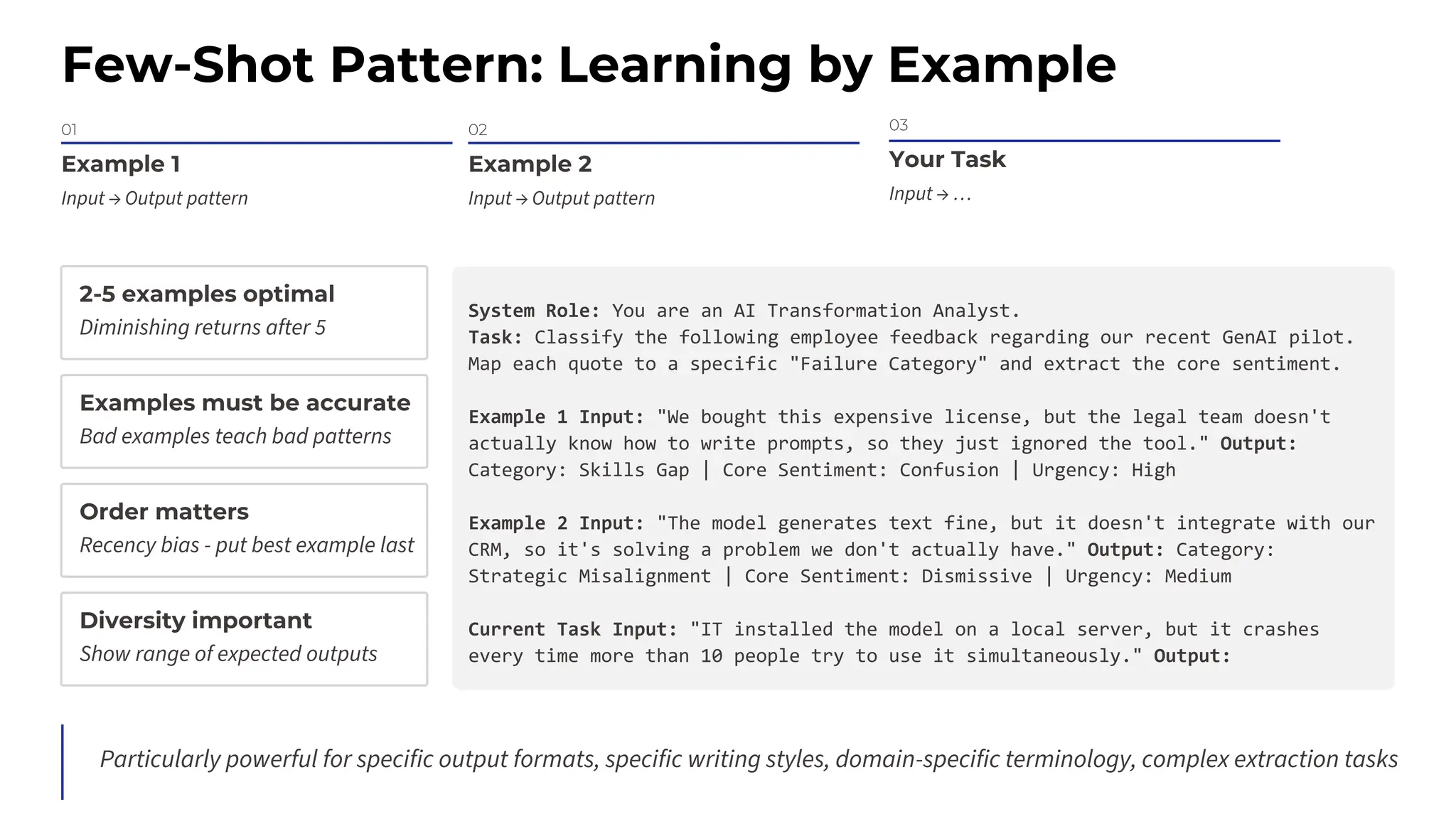 Few-Shot Pattern: Learning by Example
01
Example 1
Input → Output pattern
02
Example 2
Input → Output pattern
03
Your Task
Input → …
2-5 examples optimal
Diminishing returns after 5
Examples must be accurate
Bad examples teach bad patterns
Order matters
Recency bias - put best example last
Diversity important
Show range of expected outputs
Particularly powerful for specific output formats, specific writing styles, domain-specific terminology, complex extraction tasks
System Role: You are an AI Transformation Analyst.
Task: Classify the following employee feedback regarding our recent GenAI pilot.
Map each quote to a specific "Failure Category" and extract the core sentiment.
Example 1 Input: "We bought this expensive license, but the legal team doesn't
actually know how to write prompts, so they just ignored the tool." Output:
Category: Skills Gap | Core Sentiment: Confusion | Urgency: High
Example 2 Input: "The model generates text fine, but it doesn't integrate with our
CRM, so it's solving a problem we don't actually have." Output: Category:
Strategic Misalignment | Core Sentiment: Dismissive | Urgency: Medium
Current Task Input: "IT installed the model on a local server, but it crashes
every time more than 10 people try to use it simultaneously." Output:
 