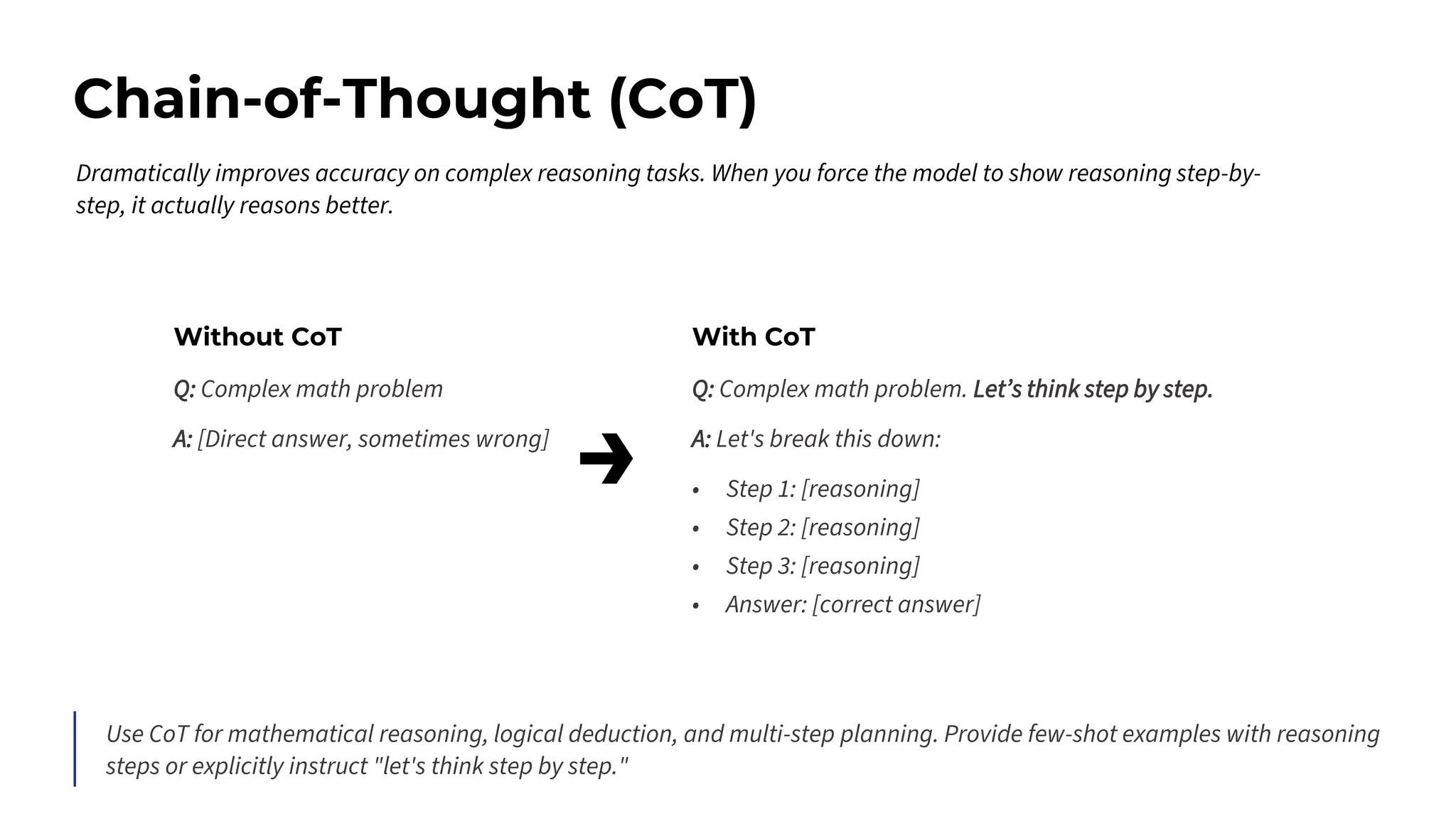 Chain-of-Thought (CoT)
Without CoT
Q: Complex math problem
A: [Direct answer, sometimes wrong]
With CoT
Q: Complex math problem. Let’s think step by step.
A: Let's break this down:
• Step 1: [reasoning]
• Step 2: [reasoning]
• Step 3: [reasoning]
• Answer: [correct answer]
Dramatically improves accuracy on complex reasoning tasks. When you force the model to show reasoning step-by-
step, it actually reasons better.
Use CoT for mathematical reasoning, logical deduction, and multi-step planning. Provide few-shot examples with reasoning
steps or explicitly instruct "let's think step by step."
→
 