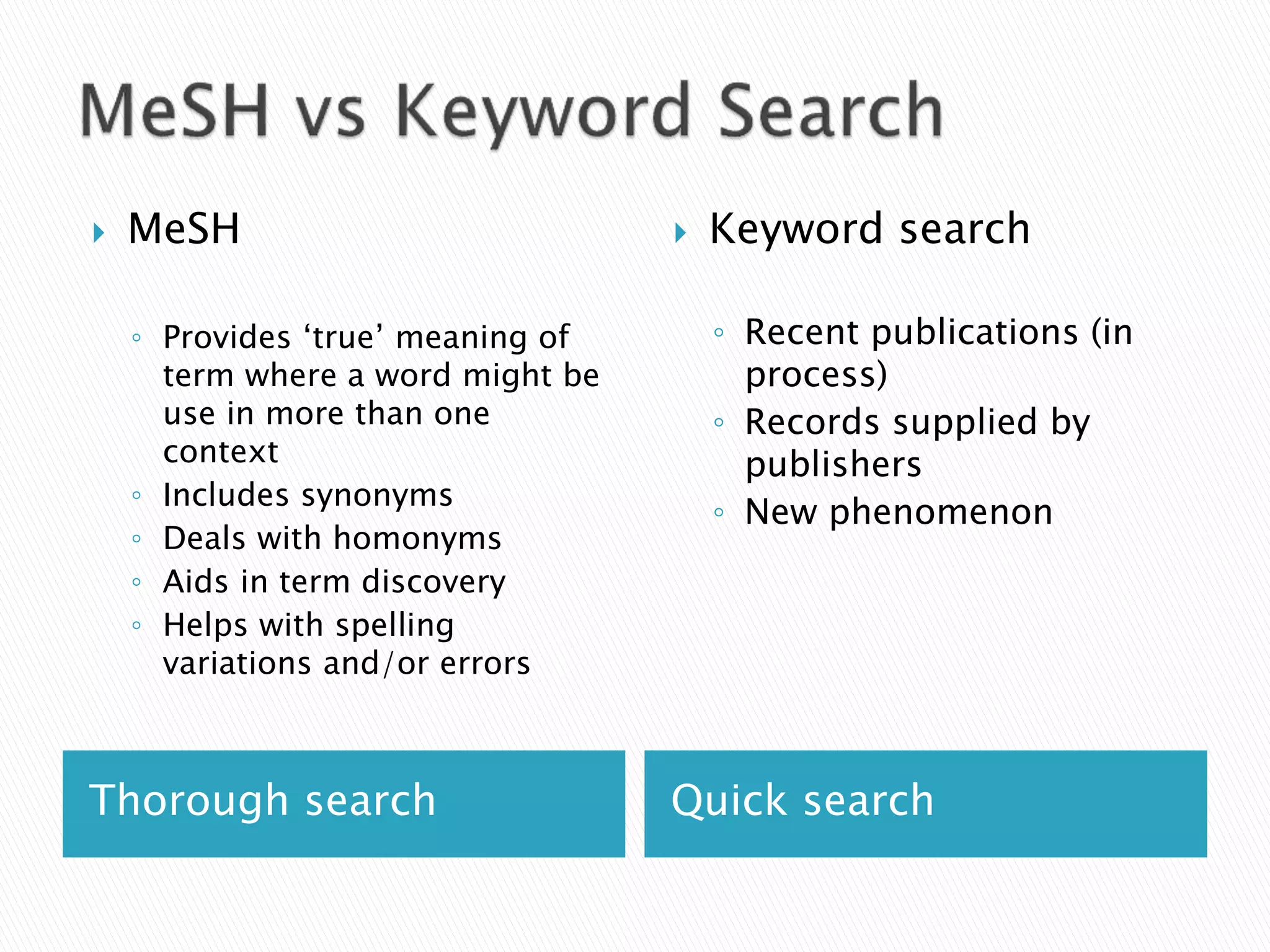 Thorough search Quick search
 MeSH
◦ Provides ‘true’ meaning of
term where a word might be
use in more than one
context
◦ Includes synonyms
◦ Deals with homonyms
◦ Aids in term discovery
◦ Helps with spelling
variations and/or errors
 Keyword search
◦ Recent publications (in
process)
◦ Records supplied by
publishers
◦ New phenomenon
 