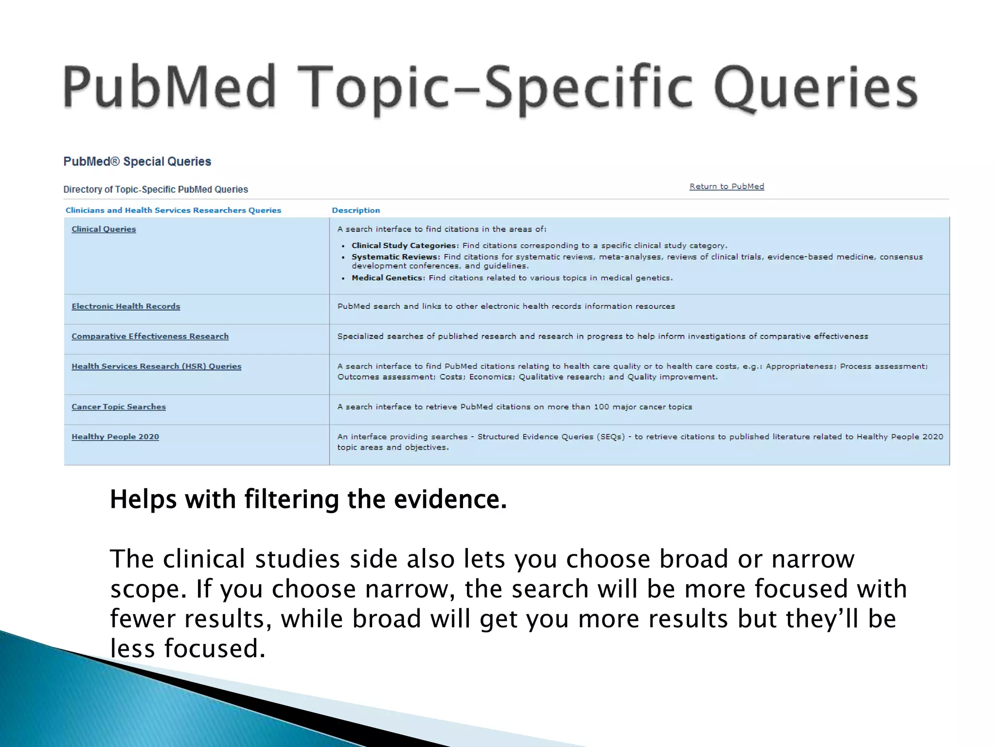 Helps with filtering the evidence.
The clinical studies side also lets you choose broad or narrow
scope. If you choose narrow, the search will be more focused with
fewer results, while broad will get you more results but they’ll be
less focused.
 