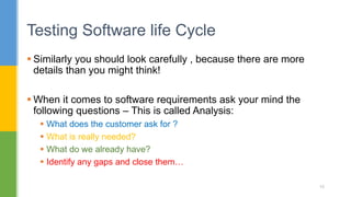  Similarly you should look carefully , because there are more
details than you might think!
 When it comes to software requirements ask your mind the
following questions – This is called Analysis:
 What does the customer ask for ?
 What is really needed?
 What do we already have?
 Identify any gaps and close them…
Testing Software life Cycle
15
 