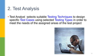  Test Analyst selects suitable Testing Techniques to design
specific Test Cases using selected Testing Types in order to
meet the needs of the assigned areas of the test project
2. Test Analysis
33
 