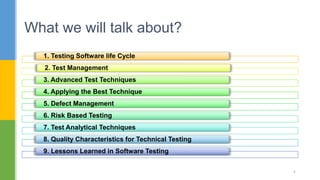 1. Testing Software life Cycle
2. Test Management
3. Advanced Test Techniques
4. Applying the Best Technique
5. Defect Management
6. Risk Based Testing
7. Test Analytical Techniques
8. Quality Characteristics for Technical Testing
9. Lessons Learned in Software Testing
What we will talk about?
4
 
