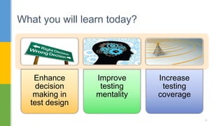 Enhance
decision
making in
test design
Improve
testing
mentality
Increase
testing
coverage
What you will learn today?
5
 