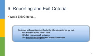  Weak Exit Criteria…
6. Reporting and Exit Criteria
61
Customer will accept project if only the following criterion are met:
80% Pass rate across all test cases
10% Fail rate across all test cases
10% Passed with exception rate across all test cases
 