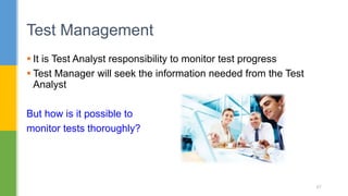  It is Test Analyst responsibility to monitor test progress
 Test Manager will seek the information needed from the Test
Analyst
But how is it possible to
monitor tests thoroughly?
Test Management
67
 