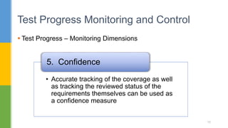 72
 Test Progress – Monitoring Dimensions
Test Progress Monitoring and Control
72
• Accurate tracking of the coverage as well
as tracking the reviewed status of the
requirements themselves can be used as
a confidence measure
5. Confidence
 