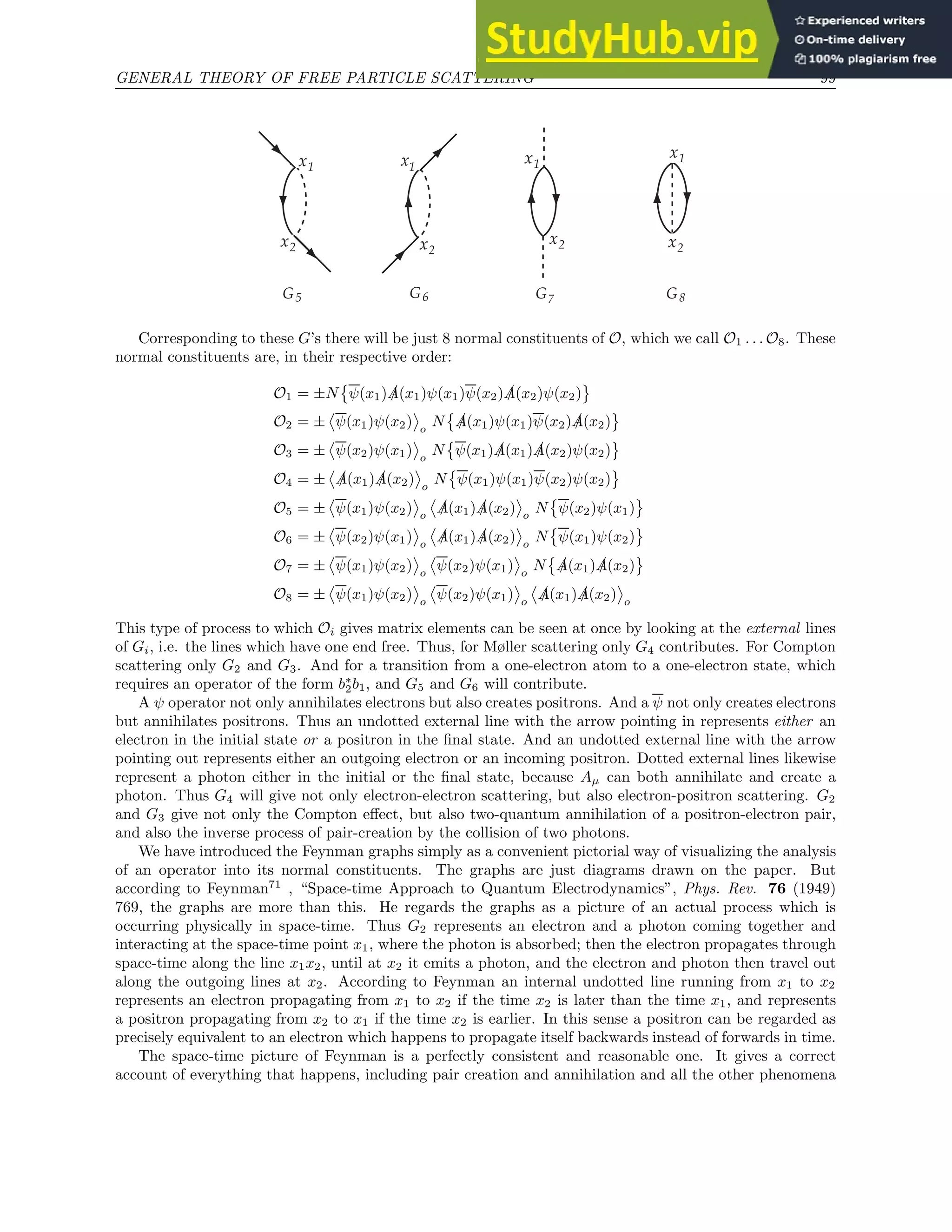 GENERAL THEORY OF FREE PARTICLE SCATTERING 99
x1
x2
x1
x2
x1
x2 x2
G5 G6 G7 G8
x1
Corresponding to these G’s there will be just 8 normal constituents of O, which we call O1 . . . O8. These
normal constituents are, in their respective order:
O1 = ±N

ψ(x1) /
A(x1)ψ(x1)ψ(x2) /
A(x2)ψ(x2)
O2 = ± ψ(x1)ψ(x2) o
N

/
A(x1)ψ(x1)ψ(x2) /
A(x2)
O3 = ± ψ(x2)ψ(x1) o
N

ψ(x1) /
A(x1) /
A(x2)ψ(x2)
O4 = ± /
A(x1) /
A(x2) o
N

ψ(x1)ψ(x1)ψ(x2)ψ(x2)
O5 = ± ψ(x1)ψ(x2) o
/
A(x1) /
A(x2) o
N

ψ(x2)ψ(x1)
O6 = ± ψ(x2)ψ(x1) o
/
A(x1) /
A(x2) o
N

ψ(x1)ψ(x2)
O7 = ± ψ(x1)ψ(x2) o
ψ(x2)ψ(x1) o
N

/
A(x1) /
A(x2)
O8 = ± ψ(x1)ψ(x2) o
ψ(x2)ψ(x1) o
/
A(x1) /
A(x2) o
This type of process to which Oi gives matrix elements can be seen at once by looking at the external lines
of Gi, i.e. the lines which have one end free. Thus, for Møller scattering only G4 contributes. For Compton
scattering only G2 and G3. And for a transition from a one-electron atom to a one-electron state, which
requires an operator of the form b∗
2b1, and G5 and G6 will contribute.
A ψ operator not only annihilates electrons but also creates positrons. And a ψ not only creates electrons
but annihilates positrons. Thus an undotted external line with the arrow pointing in represents either an
electron in the initial state or a positron in the final state. And an undotted external line with the arrow
pointing out represents either an outgoing electron or an incoming positron. Dotted external lines likewise
represent a photon either in the initial or the final state, because Aµ can both annihilate and create a
photon. Thus G4 will give not only electron-electron scattering, but also electron-positron scattering. G2
and G3 give not only the Compton effect, but also two-quantum annihilation of a positron-electron pair,
and also the inverse process of pair-creation by the collision of two photons.
We have introduced the Feynman graphs simply as a convenient pictorial way of visualizing the analysis
of an operator into its normal constituents. The graphs are just diagrams drawn on the paper. But
according to Feynman71
, “Space-time Approach to Quantum Electrodynamics”, Phys. Rev. 76 (1949)
769, the graphs are more than this. He regards the graphs as a picture of an actual process which is
occurring physically in space-time. Thus G2 represents an electron and a photon coming together and
interacting at the space-time point x1, where the photon is absorbed; then the electron propagates through
space-time along the line x1x2, until at x2 it emits a photon, and the electron and photon then travel out
along the outgoing lines at x2. According to Feynman an internal undotted line running from x1 to x2
represents an electron propagating from x1 to x2 if the time x2 is later than the time x1, and represents
a positron propagating from x2 to x1 if the time x2 is earlier. In this sense a positron can be regarded as
precisely equivalent to an electron which happens to propagate itself backwards instead of forwards in time.
The space-time picture of Feynman is a perfectly consistent and reasonable one. It gives a correct
account of everything that happens, including pair creation and annihilation and all the other phenomena
 