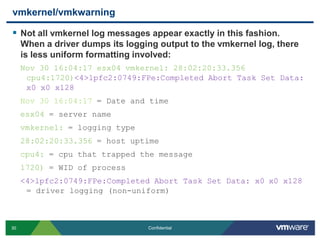 vmkernel/vmkwarningNot all vmkernel log messages appear exactly in this fashion. When a driver dumps its logging output to the vmkernel log, there is less uniform formatting involved:Nov 30 16:04:17 esx04 vmkernel: 28:02:20:33.356 cpu4:1720)<4>lpfc2:0749:FPe:Completed Abort Task Set Data: x0 x0 x128Nov 30 16:04:17 = Date and timeesx04 = server namevmkernel: = logging type28:02:20:33.356 = host uptimecpu4: = cpu that trapped the message1720) = WID of process<4>lpfc2:0749:FPe:Completed Abort Task Set Data: x0 x0 x128 = driver logging (non-uniform)