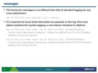messagesThe format for messages is no different than that of standard logging for any Linux distribution:Jan 24 00:01:01 esx6 syslogd 1.4.1: restart.It is important to know what information we populate in this log. One such object would be the vprobs logging, a new feature introduce in vSphere:Jan 24 00:11:21 esx6 vobd: Jan 24 00:11:21.656: 3552646292992us: [vprob.vmfs.heartbeat.timedout] 49fdca7e-4d680d70-51f7-0015c5f29bb6 SAN006-T3-PC2-001-RP-V5.Jan 24 00:11:23 esx6 vobd: Jan 24 00:11:23.592: 3552648228889us: [vprob.vmfs.heartbeat.recovered] 49fdca7e-4d680d70-51f7-0015c5f29bb6 SAN006-T3-PC2-001-RP-V5.