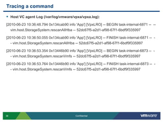 Tracing a commandHost VC agent Log (/var/log/vmware/vpxa/vpxa.log):[2010-06-23 10:36:48.794 0x134cab90 info 'App'] [VpxLRO] -- BEGIN task-internal-6871 --  -- vim.host.StorageSystem.rescanAllHba -- 52dc67f5-a2d1-af98-67f1-6bdf9f335997[2010-06-23 10:36:50.055 0x134cab90 info 'App'] [VpxLRO] -- FINISH task-internal-6871 --  -- vim.host.StorageSystem.rescanAllHba -- 52dc67f5-a2d1-af98-67f1-6bdf9f335997[2010-06-23 10:36:53.354 0x13446b90 info 'App'] [VpxLRO] -- BEGIN task-internal-6873 --  -- vim.host.StorageSystem.rescanVmfs -- 52dc67f5-a2d1-af98-67f1-6bdf9f335997[2010-06-23 10:36:53.764 0x13446b90 info 'App'] [VpxLRO] -- FINISH task-internal-6873 --  -- vim.host.StorageSystem.rescanVmfs -- 52dc67f5-a2d1-af98-67f1-6bdf9f335997