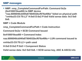NMP messagesNMP: nmp_CompleteCommandForPath: Command 0x2a (0x4100010ead00) to NMP device "naa.6006048cb94fa67564932bcf676a406a" failed on physical path "vmhba33:C0:T0:L2" H:0x0 D:0x2 P:0x0 Valid sense data: 0x3 0x0 0x6.NMP = Code Modulenmp_CompleteCommandForPath = Code InstructionCommand 0x2a = SCSI Command Issued0x4100010ead00 = Command Indexnaa.6006048cb94fa67564932bcf676a406a = LUN command issued tovmhba33:C0:T0:L2 = path usedH:0x0 D:0x2 P:0x0 = Component StatusValid sense data: 0x3 0x0 0x6. = SCSI sense key, ASC & ASCQ info