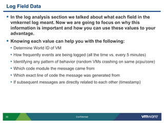 Log Field DataIn the log analysis section we talked about what each field in the vmkernel log meant. Now we are going to focus on why this information is important and how you can use these values to your advantage.Knowing each value can help you with the following:Determine World ID of VM How frequently events are being logged (all the time vs. every 5 minutes)Identifying any pattern of behavior (random VMs crashing on same pcpu/core)Which code module the message came fromWhich exact line of code the message was generated fromIf subsequent messages are directly related to each other (timestamp)
