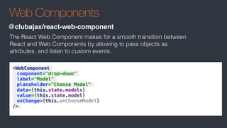 Web Components
@clubajax/react-web-component
<WebComponent
component="drop-down"
label="Model"
placeholder="Choose Model"
data={this.state.models}
value={this.state.model}
onChange={this.onChooseModel}
/>
The React Web Component makes for a smooth transition between
React and Web Components by allowing to pass objects as
attributes, and listen to custom events.
 