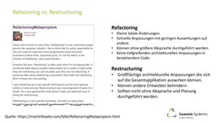 Quelle: https://martinfowler.com/bliki/RefactoringMalapropism.html
Refactoring
• Kleine lokale Änderungen.
• Schnelle Anpassungen mit geringen Auswirkungen auf
andere.
• Können ohne größere Absprache durchgeführt werden.
• Keine tiefgreifenden architekturellen Anpassungen in
bestehendem Code.
Restructuring
• Großflächige architekturelle Anpassungen die sich
auf die Gesamtapplikation auswirken können.
• Können andere Entwickler behindern.
• Sollten nicht ohne Absprache und Planung
durchgeführt werden.
 