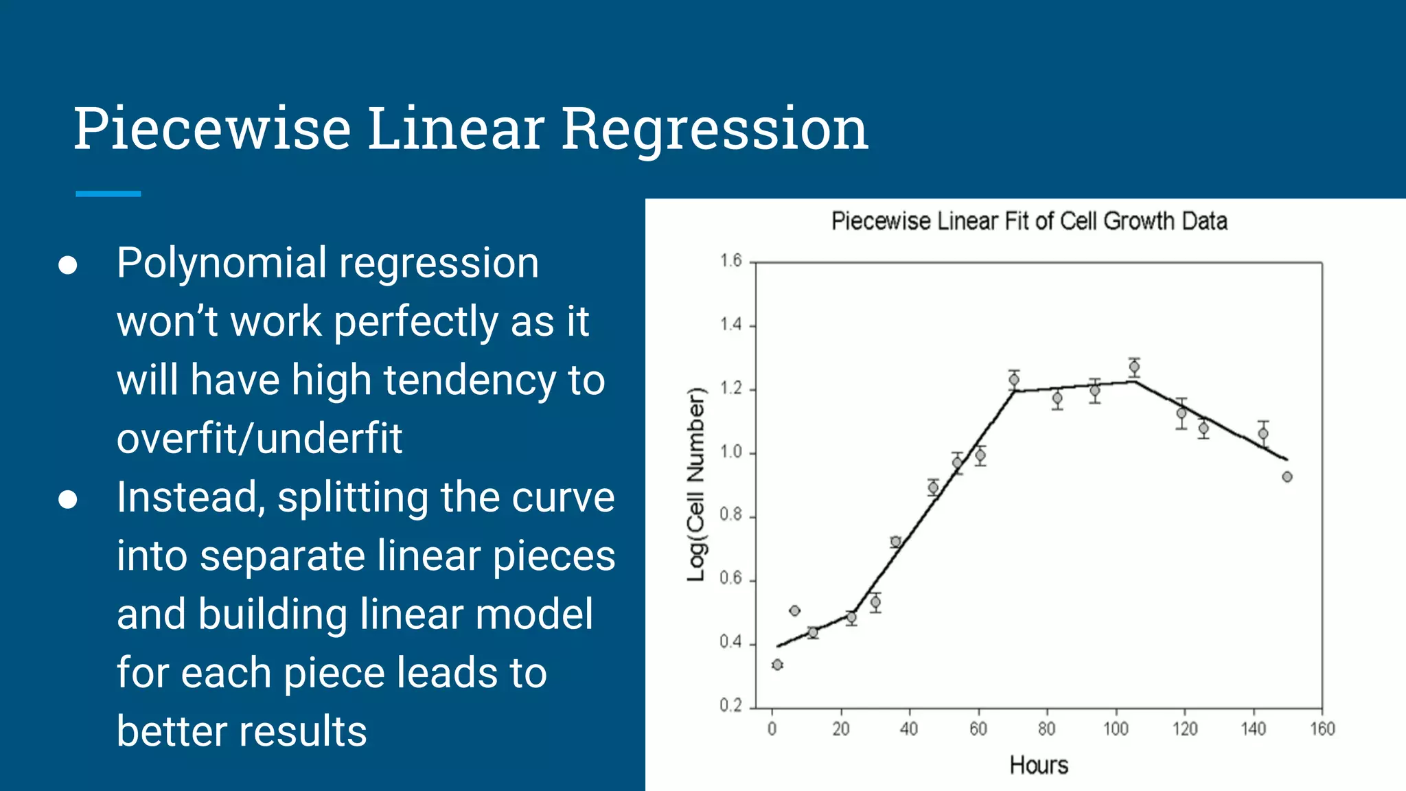 Piecewise Linear Regression
● Polynomial regression
won’t work perfectly as it
will have high tendency to
overfit/underfit
● Instead, splitting the curve
into separate linear pieces
and building linear model
for each piece leads to
better results
 