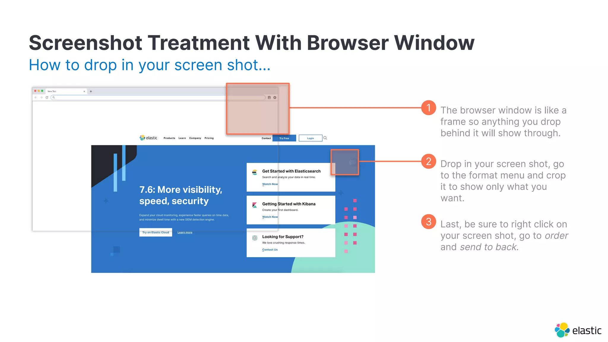 Screenshot Treatment With Browser Window How to drop in your screen shot… The browser window is like a frame so anything you drop behind it will show through. Drop in your screen shot, go to the format menu and crop it to show only what you want. 2 Last, be sure to right click on your screen shot, go to order and send to back. 3 1 