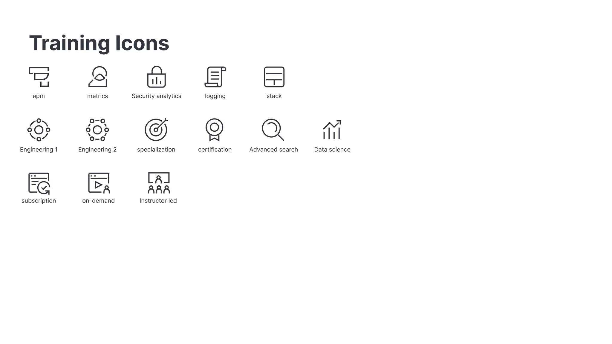 Training Icons apm metrics Security analytics logging specialization Engineering 1 Engineering 2 certification Advanced search Data science subscription on-demand Instructor led stack 