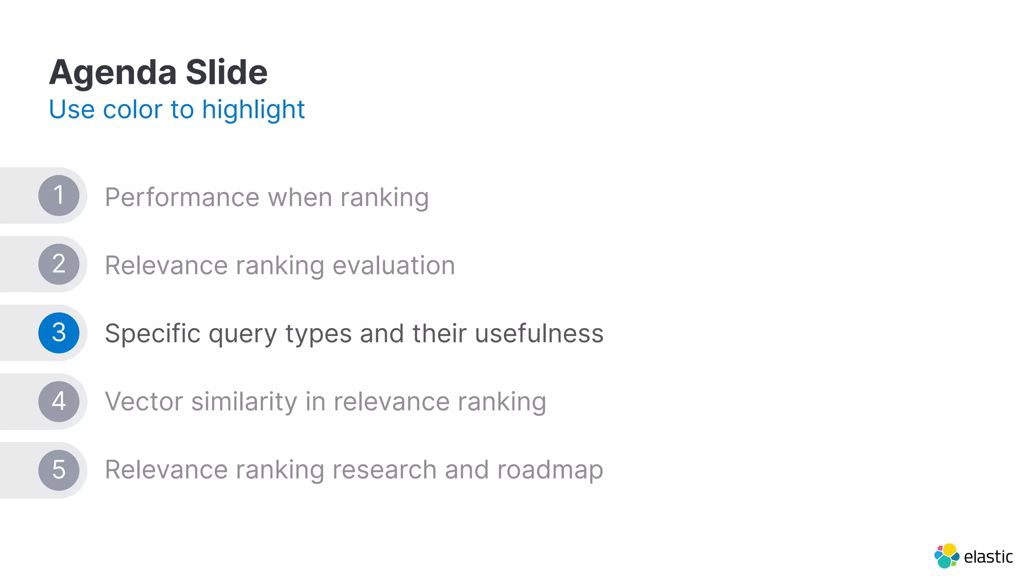 Agenda Slide
Use color to highlight
Performance when ranking
Relevance ranking evaluation
Specific query types and their usefulness
Vector similarity in relevance ranking
Relevance ranking research and roadmap
1
2
3
4
5
 