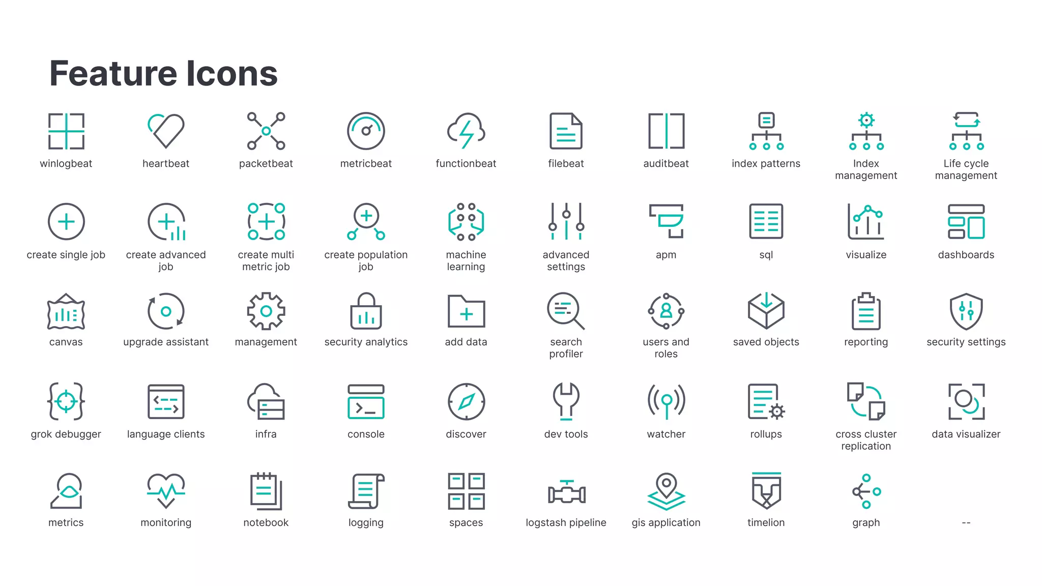Feature Icons
winlogbeat heartbeat packetbeat metricbeat functionbeat filebeat auditbeat index patterns Index
management
Life cycle
management
create single job create advanced
job
create multi
metric job
create population
job
machine
learning
advanced
settings
apm sql visualize dashboards
canvas upgrade assistant management security analytics add data search
profiler
users and
roles
saved objects reporting security settings
grok debugger language clients infra console discover dev tools watcher rollups cross cluster
replication
data visualizer
metrics monitoring notebook logging spaces logstash pipeline gis application timelion graph --
 