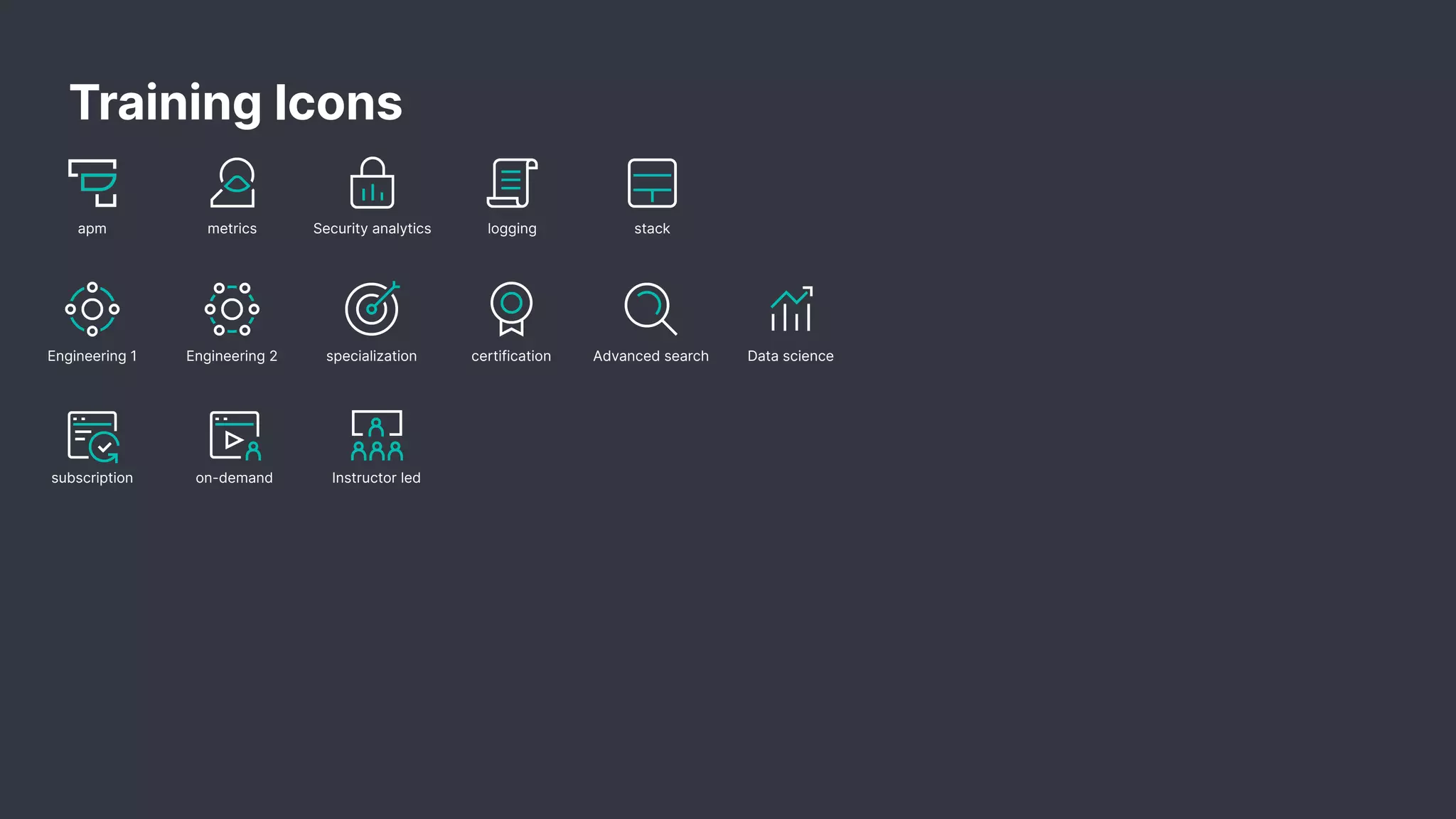 Training Icons
apm metrics Security analytics logging
specialization
Engineering 1 Engineering 2 certification Advanced search Data science
subscription on-demand Instructor led
stack
 