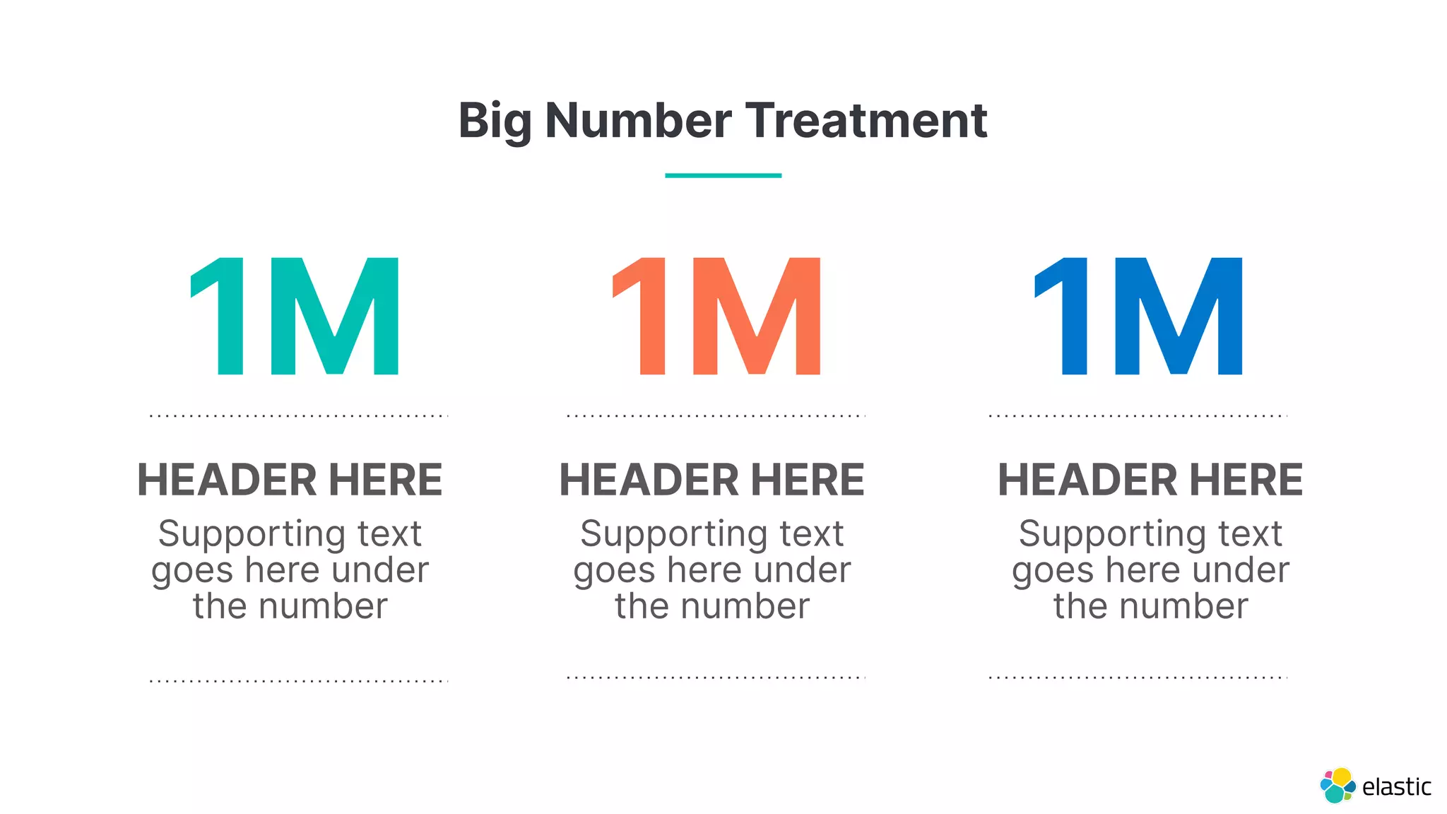 1M 1M 1M
HEADER HERE
Supporting text
goes here under
the number
HEADER HERE
Supporting text
goes here under
the number
HEADER HERE
Supporting text
goes here under
the number
Big Number Treatment
 