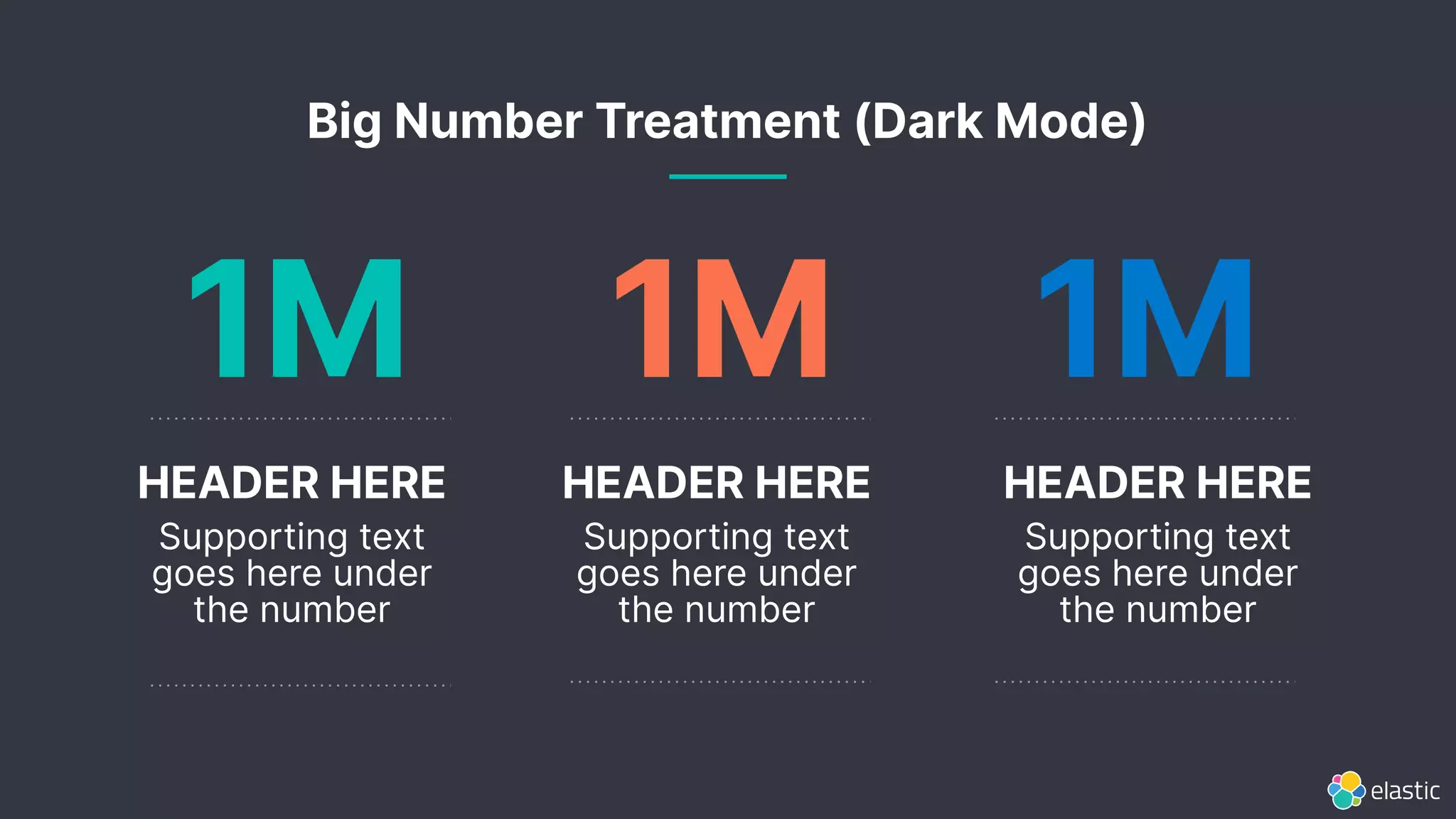 1M 1M 1M
HEADER HERE
Supporting text
goes here under
the number
HEADER HERE
Supporting text
goes here under
the number
HEADER HERE
Supporting text
goes here under
the number
Big Number Treatment (Dark Mode)
 